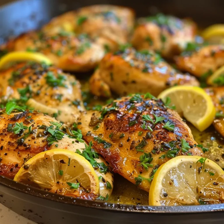 A Zesty Lemon Herb Chicken Skillet That Whispers Home Close-up view of a Lemon Herb Chicken Skillet with juicy chicken breasts and vibrant herbs.