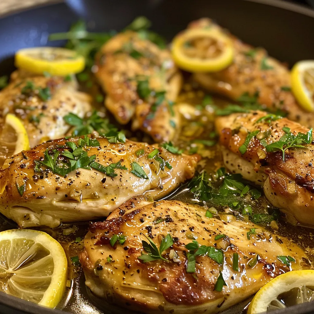 Side angle of Lemon Herb Chicken Skillet featuring golden-brown chicken and lemon slices.