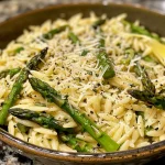 Close-up view of Lemon-Parmesan Orzo with Asparagus served in a white bowl.