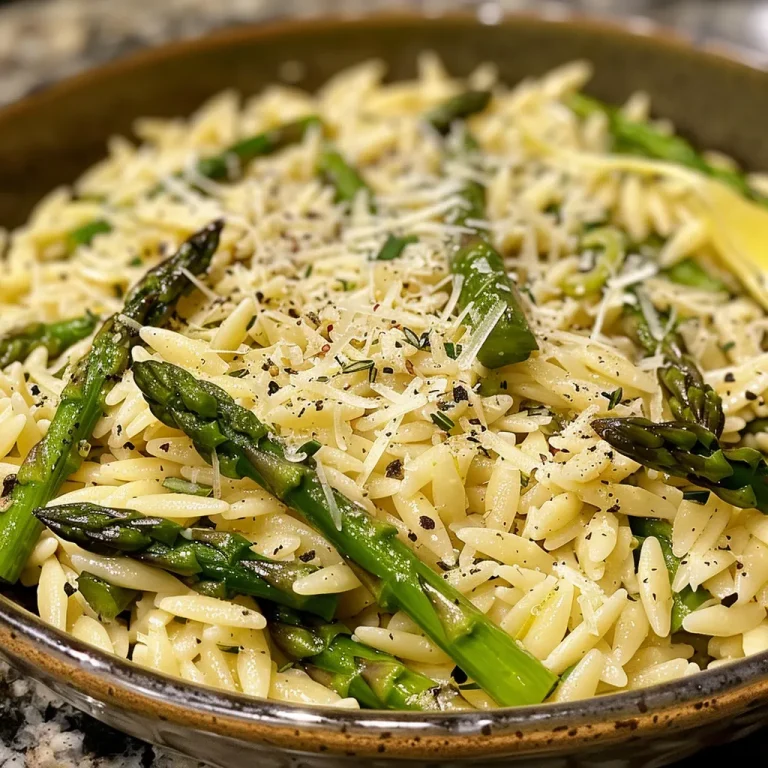A Bright Taste of Spring Lemon-Parmesan Orzo with Asparagus to Share Close-up view of Lemon-Parmesan Orzo with Asparagus served in a white bowl.