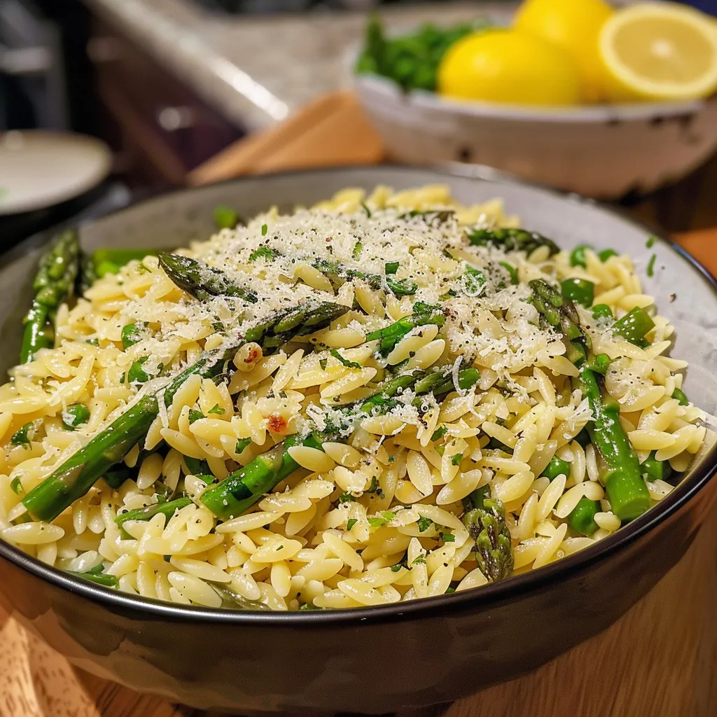 Side view of a vibrant Lemon-Parmesan Orzo dish featuring asparagus spears.