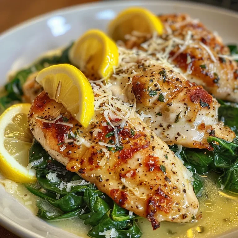 Juicy Lemon Parmesan Spinach Chicken garnished with lemon slices and Parmesan cheese.