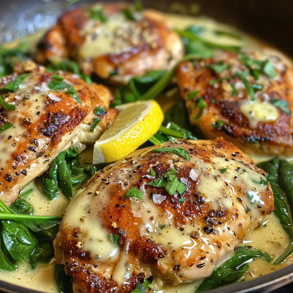 Close-up of a delicious chicken breast with spinach and creamy lemon sauce.