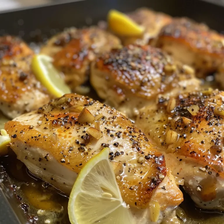 Close-up of juicy lemon pepper chicken thighs served over rice with gravy.