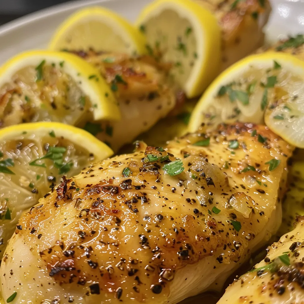 Side view of golden-brown chicken thighs garnished with lemon and accompanied by rice.