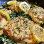 Close-up of juicy Lemon Spinach Parmesan Chicken garnished with lemon slices.