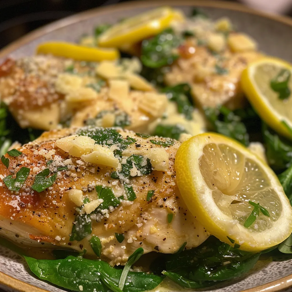 Side view of Lemon Spinach Parmesan Chicken on a white plate with spinach and sauce.