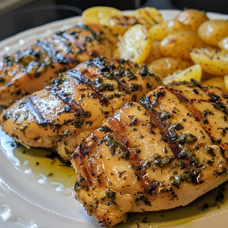 A juicy grilled chicken breast topped with herbs, served with creamy pesto pasta and roasted potatoes.