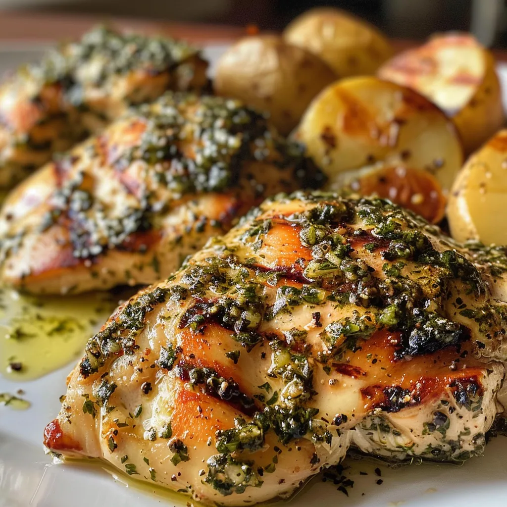 Close-up view of Loaded Herb Grilled Chicken, pasta, and golden roasted potatoes on a plate.