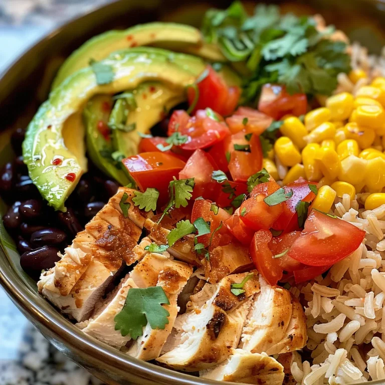 A close-up view of a delicious low-calorie chicken burrito bowl filled with colorful ingredients.