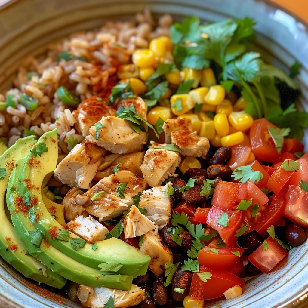 A side view of a vibrant chicken burrito bowl showcasing chicken, rice, beans, and avocado.