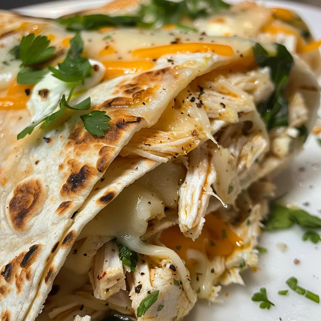 Side view of a stack of low carb chicken wraps garnished with parsley and spinach.