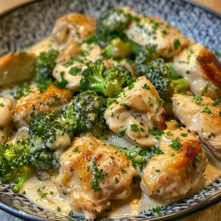 Juicy garlic chicken served alongside vibrant broccoli in a creamy sauce.