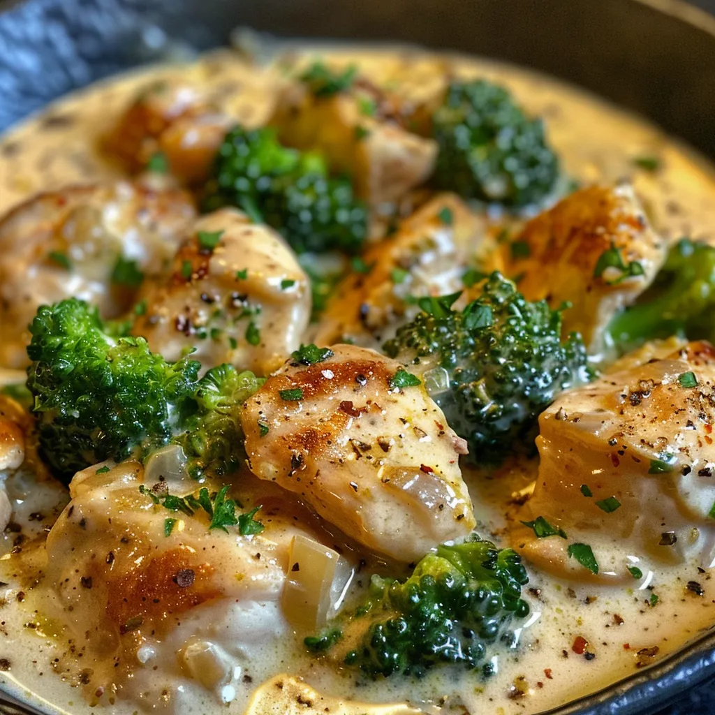 Close-up of succulent chicken breasts drenched in creamy garlic sauce with broccoli.
