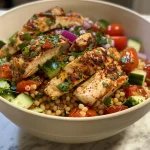 A close-up view of a Mediterranean Chicken Couscous Bowl with colorful ingredients.