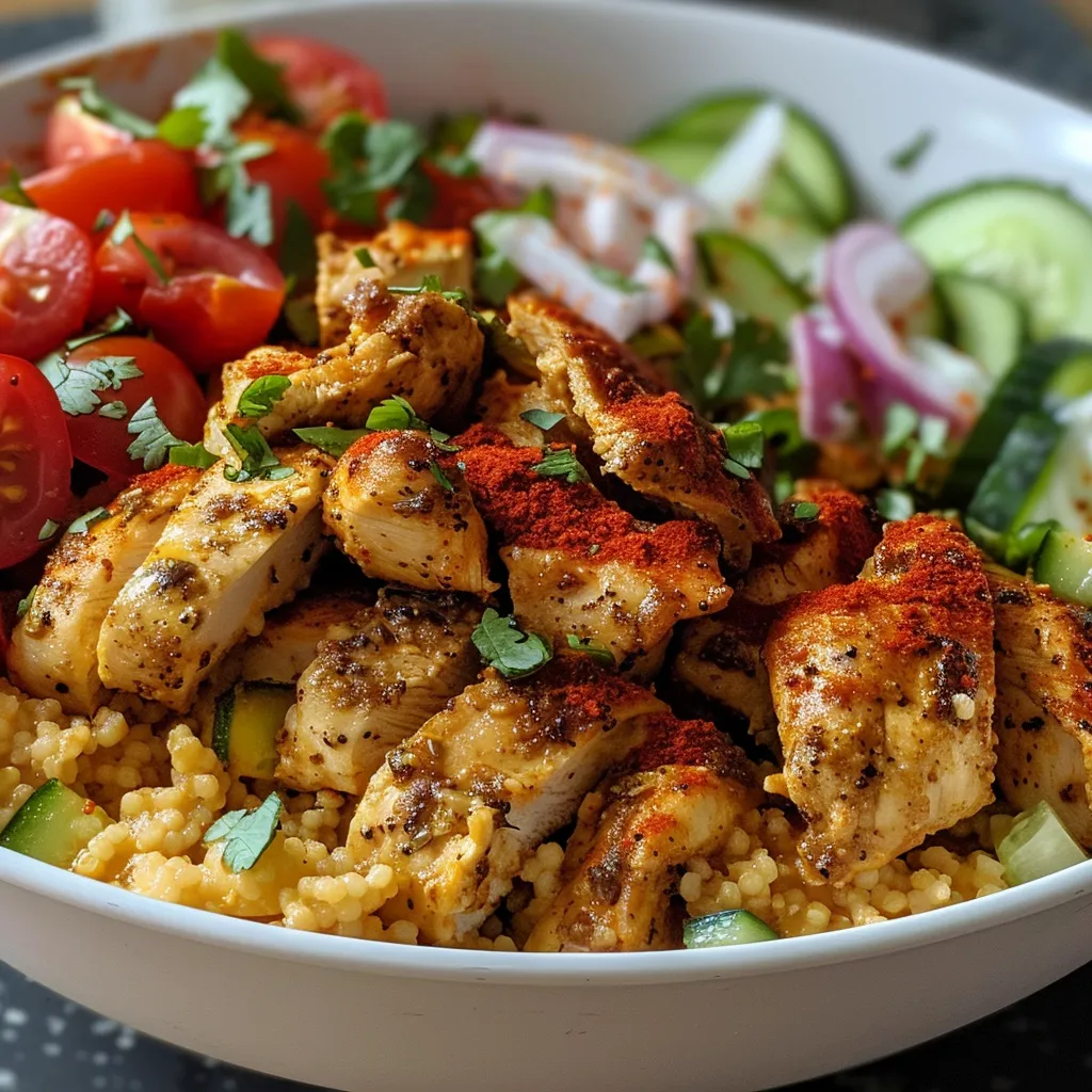 Side perspective of a vibrant couscous bowl featuring chicken, cucumbers, and cherry tomatoes.