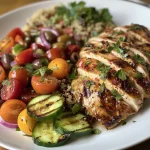 Juicy Mediterranean grilled chicken with lemon herb quinoa salad garnished with fresh parsley.