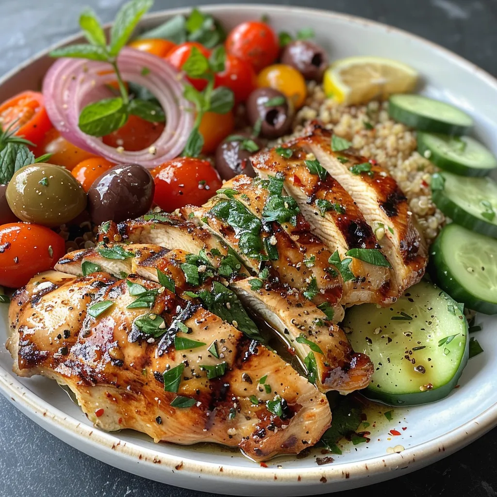Close-up view of grilled chicken breasts served with a colorful quinoa salad featuring cherry tomatoes and cucumbers.