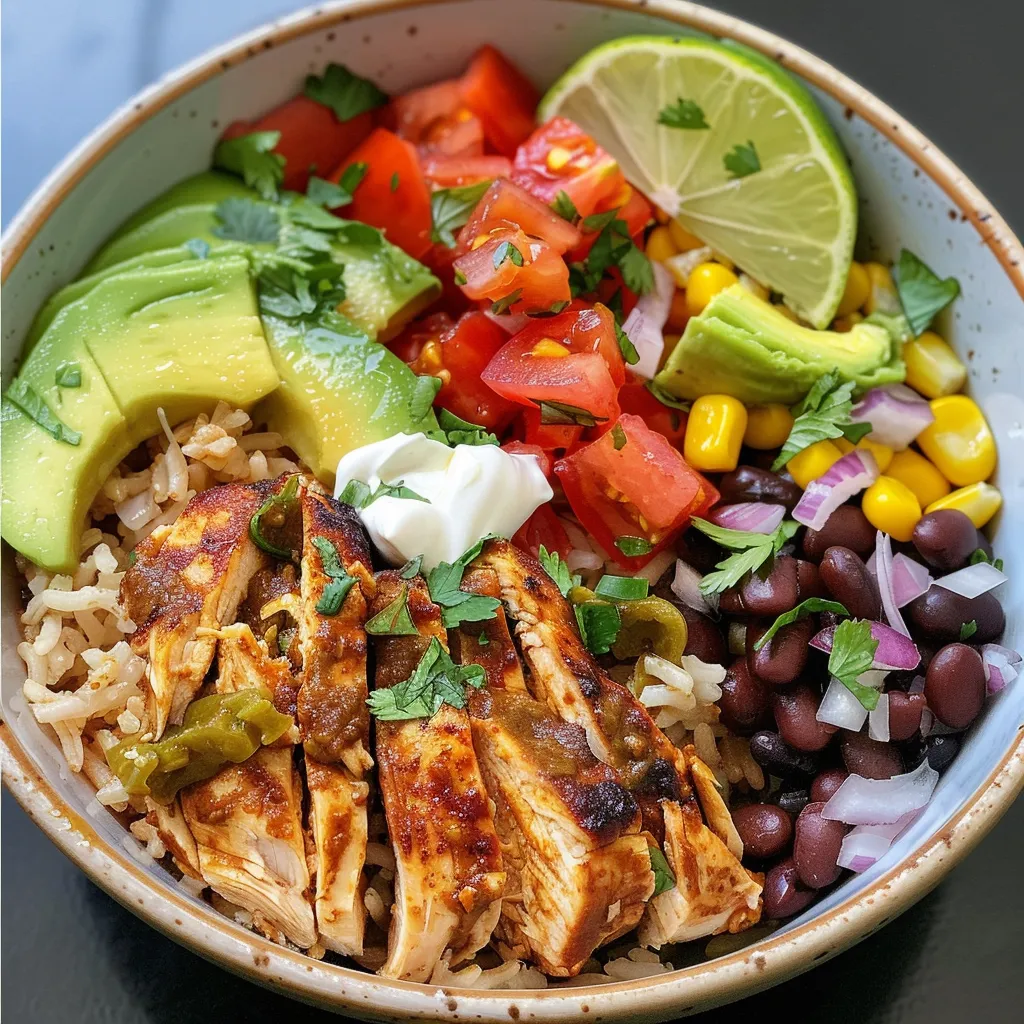 Side view of a vibrant Mexican Chicken and Rice Bowl filled with colorful ingredients.