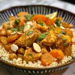 Close-up view of a Moroccan chicken couscous bowl with vibrant ingredients.