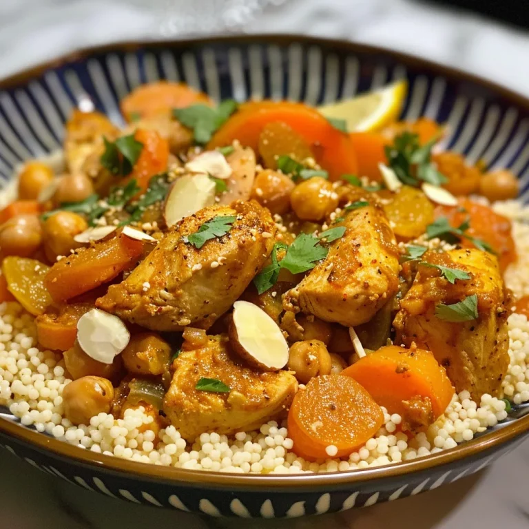 Close-up view of a Moroccan chicken couscous bowl with vibrant ingredients.