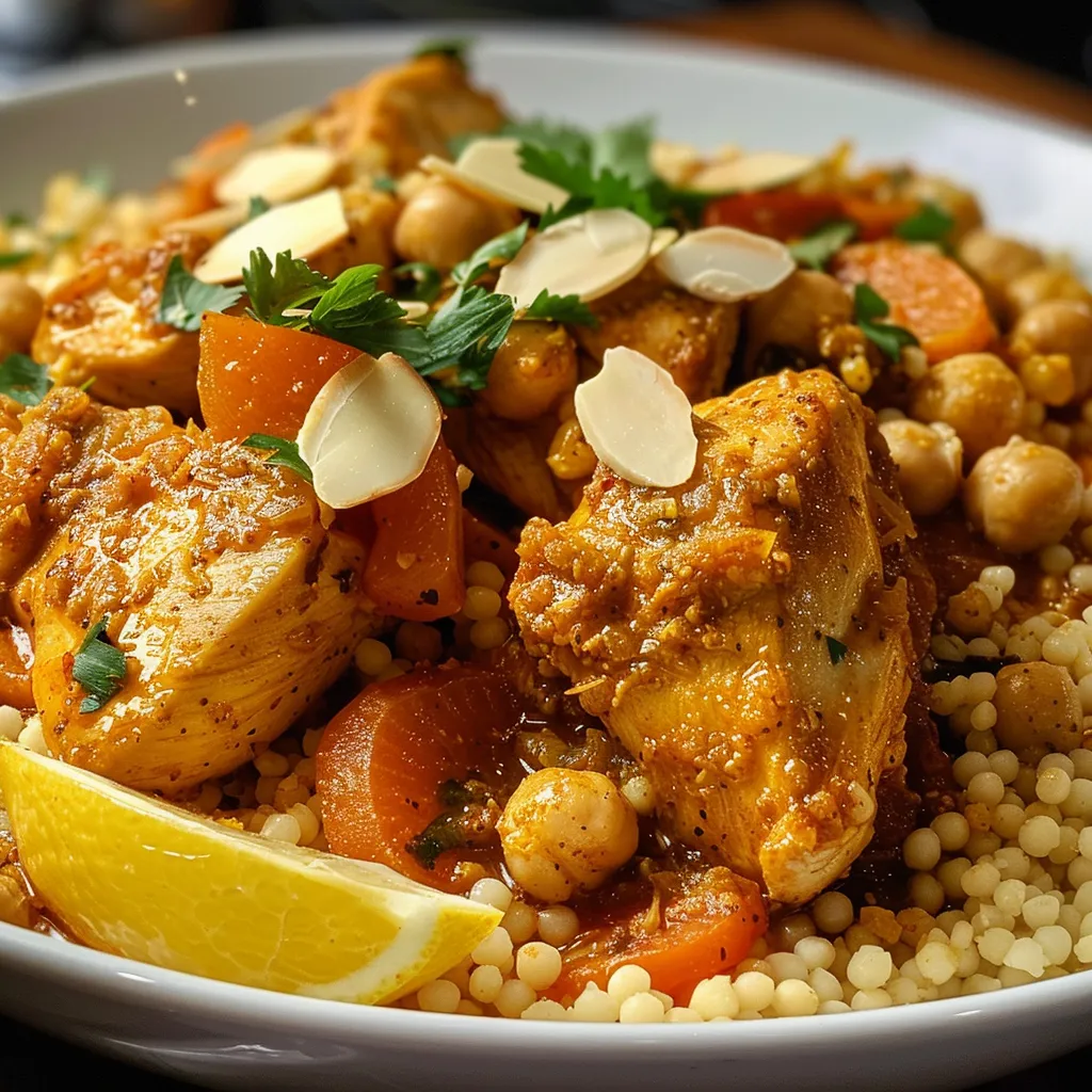 Side view of a healthy Moroccan chicken couscous dish garnished with cilantro and almonds.
