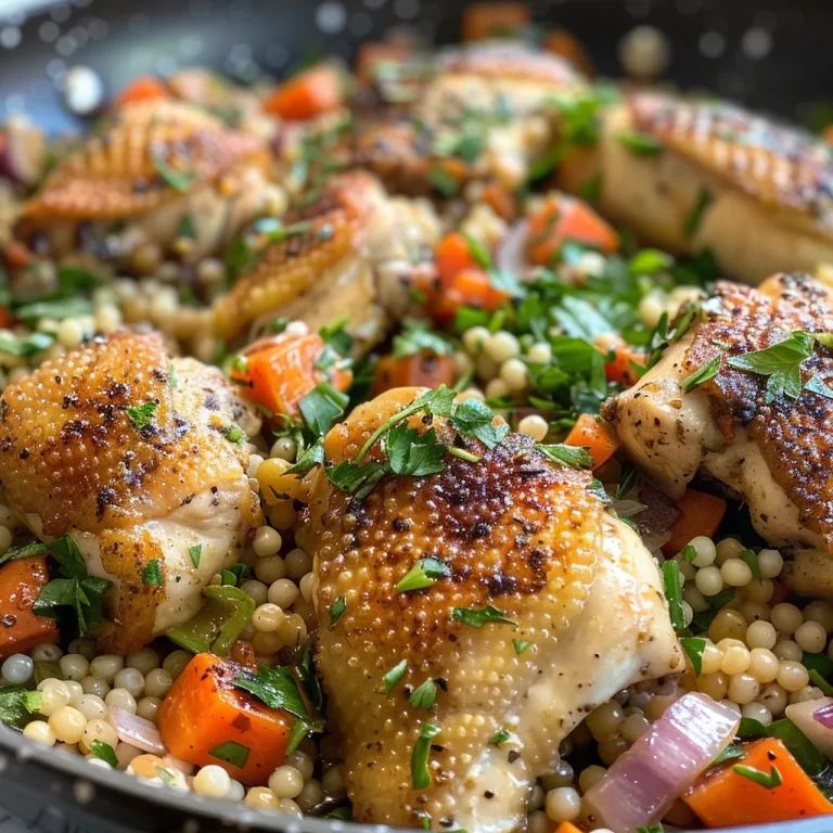 Close-up view of juicy chicken thighs atop a bed of couscous and vegetables.