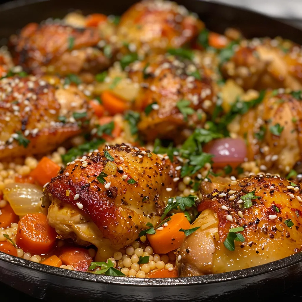 Side view of One-pan Chicken and Couscous with vibrant carrots and parsley.