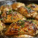 Close-up of juicy honey garlic chicken thighs in a skillet.