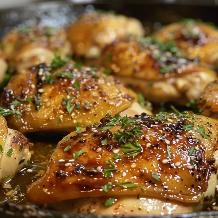 Close-up of juicy honey garlic chicken thighs in a skillet.
