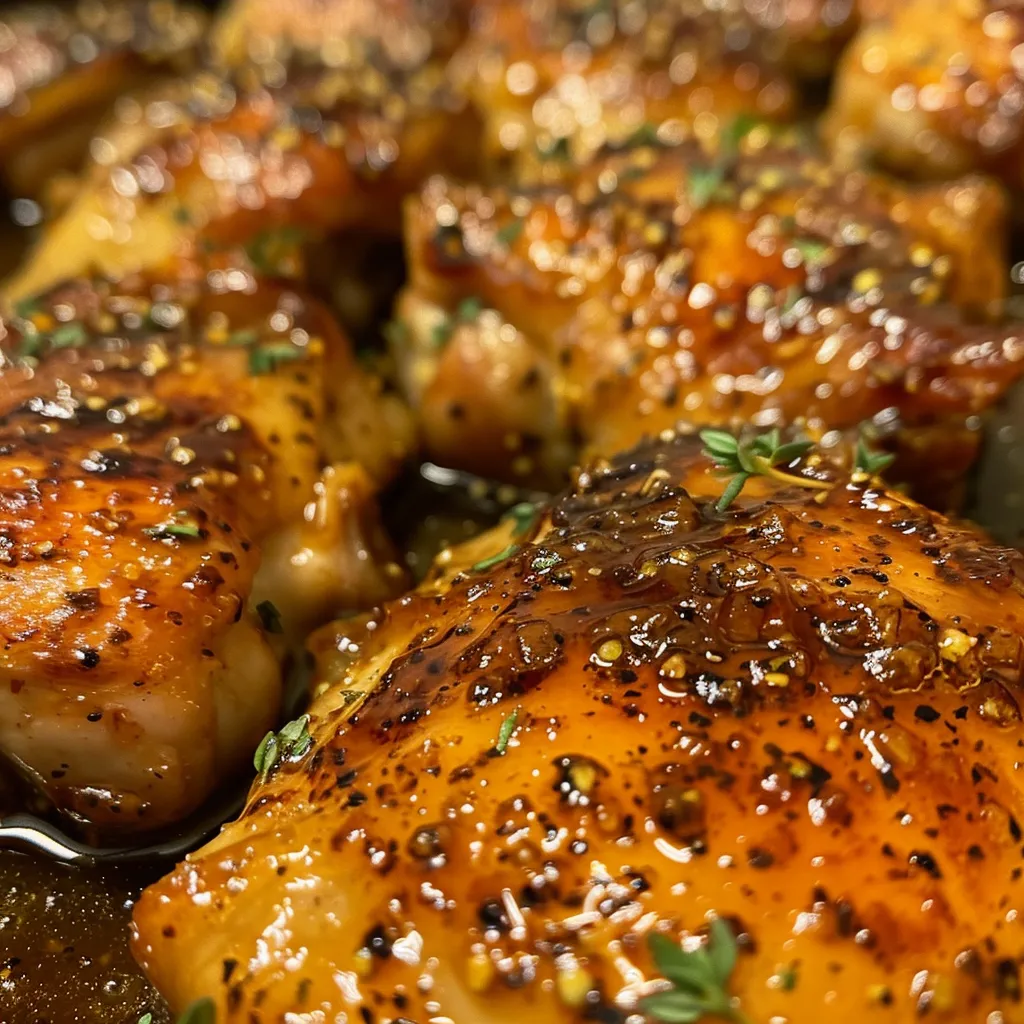 Side view of one pan honey garlic chicken thighs garnished with herbs.
