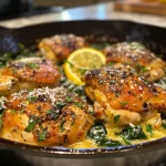 Close-up view of a dish featuring One-Pan Lemon Butter Chicken with creamy sauce and green spinach.