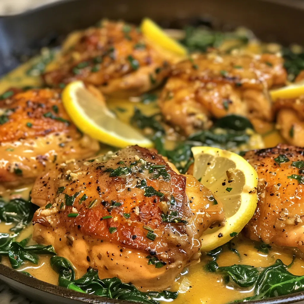 Side angle of juicy One-Pan Lemon Butter Chicken garnished with fresh herbs and lemon slices.