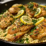 Close-up view of juicy One Pan Lemon Chicken served with couscous, garnished with herbs.