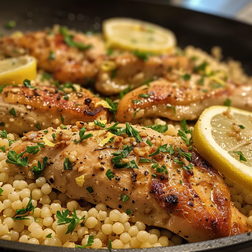 Side view of a colorful plate featuring One Pan Lemon Chicken and pearl couscous with lemon slices.