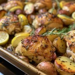 Close-up of lemon herb chicken thighs and baby potatoes in a skillet.