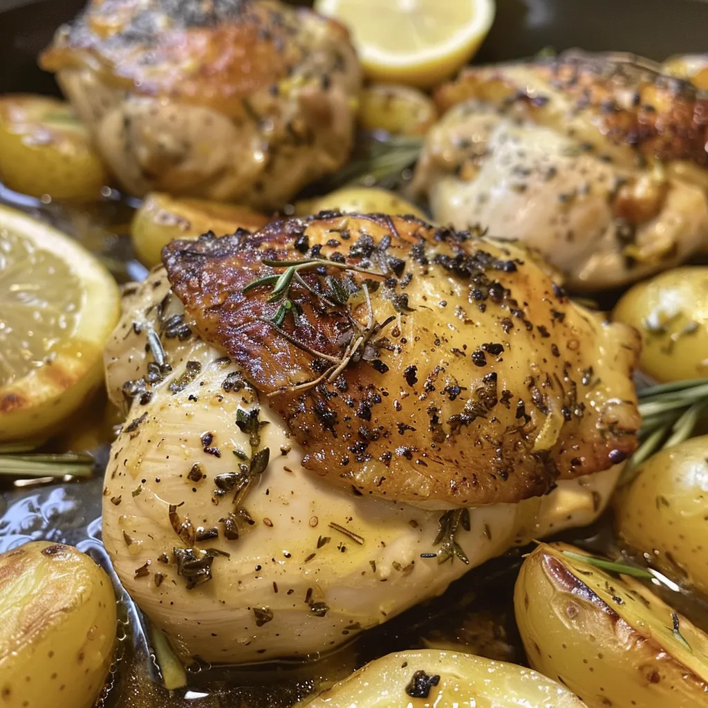 Juicy one-pan chicken dinner featuring golden-brown thighs and halved potatoes.