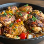 Juicy One Pan Paprika Chicken thighs with sliced bell peppers and onions.