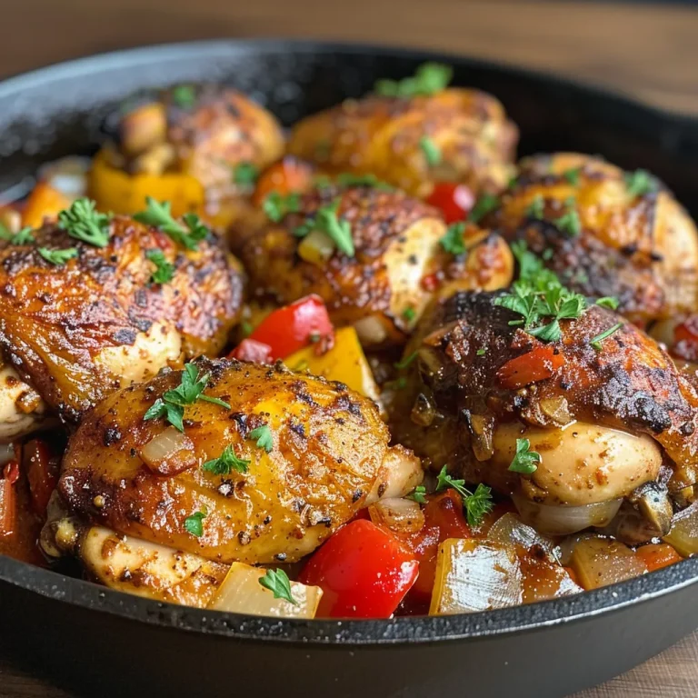 Juicy One Pan Paprika Chicken thighs with sliced bell peppers and onions.