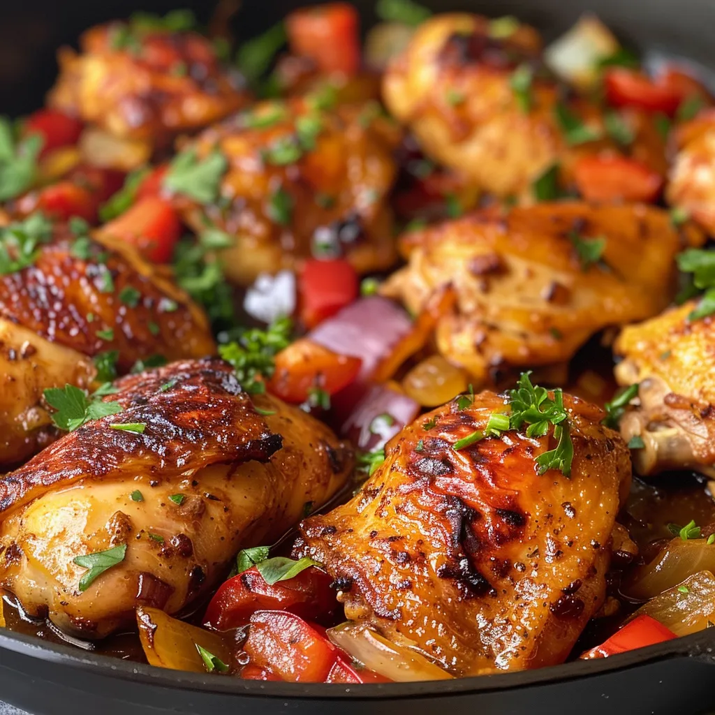 Close-up of seasoned chicken thighs in a skillet with colorful vegetables.