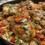 Juicy chicken thighs surrounded by rice, tomatoes, and basil.