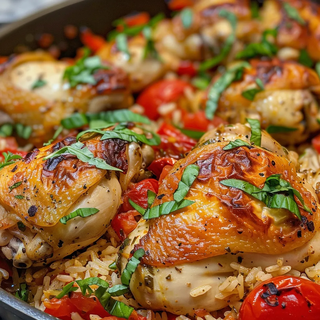A vibrant plate of One Pan Tomato Basil Chicken and rice from a side angle.