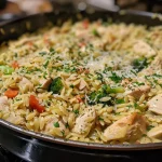 Close-up view of a dish featuring One-Pot Chicken Orzo with colorful vegetables.