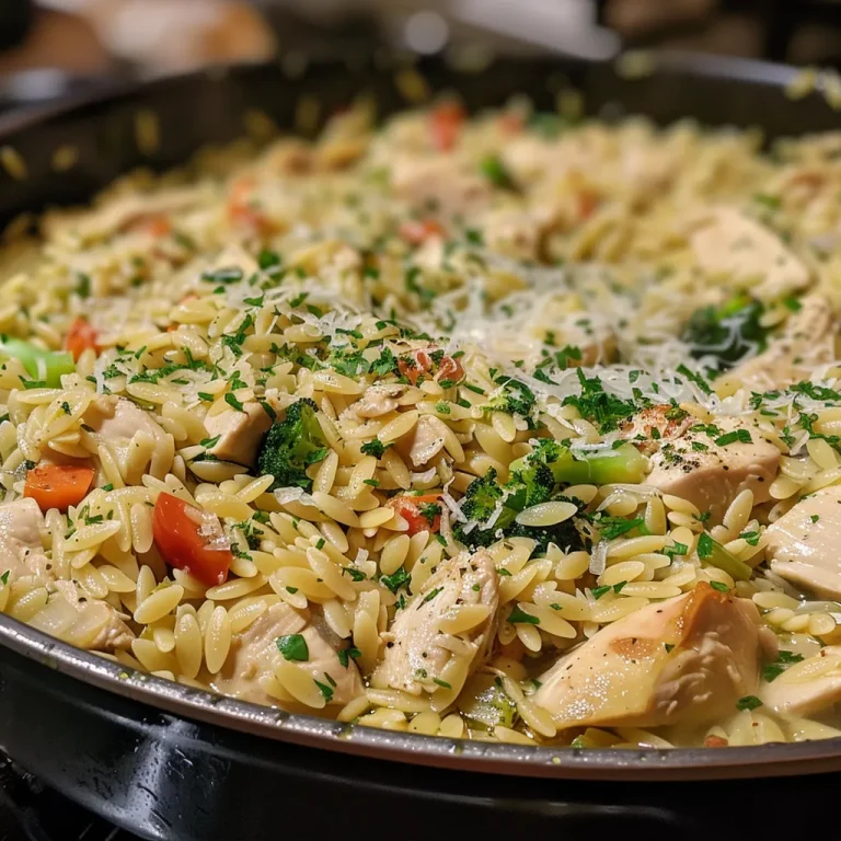 Close-up view of a dish featuring One-Pot Chicken Orzo with colorful vegetables.