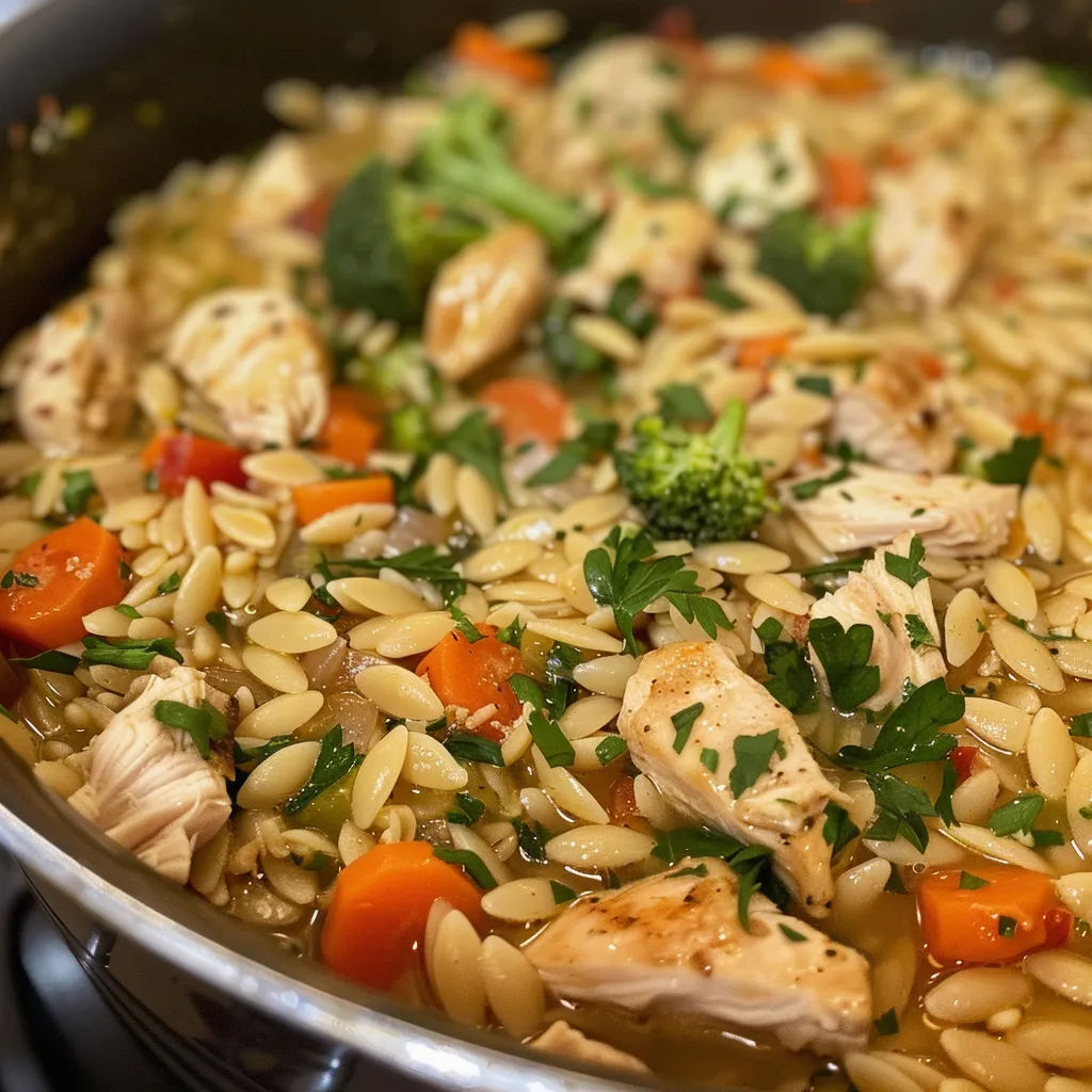 Side angle shot of a bowl of One-Pot Chicken Orzo, highlighting juicy chicken and orzo pasta.