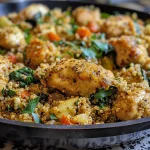 Close-up view of a dish featuring garlic butter chicken and quinoa, garnished with herbs.