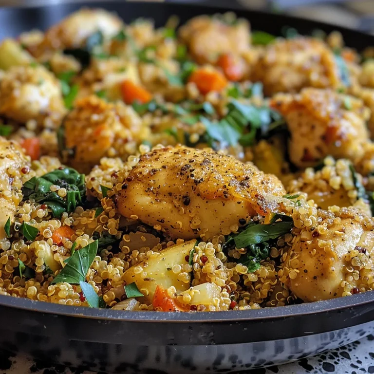 Close-up view of a dish featuring garlic butter chicken and quinoa, garnished with herbs.