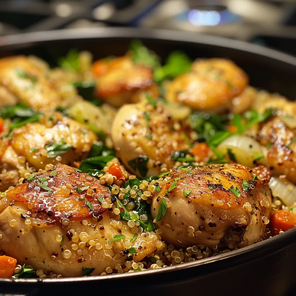 Juicy chicken breasts served over vibrant quinoa, with vegetables and lemon slices.