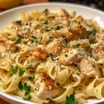 Juicy lemon garlic chicken pasta with fresh spinach and a sprinkle of Parmesan cheese.