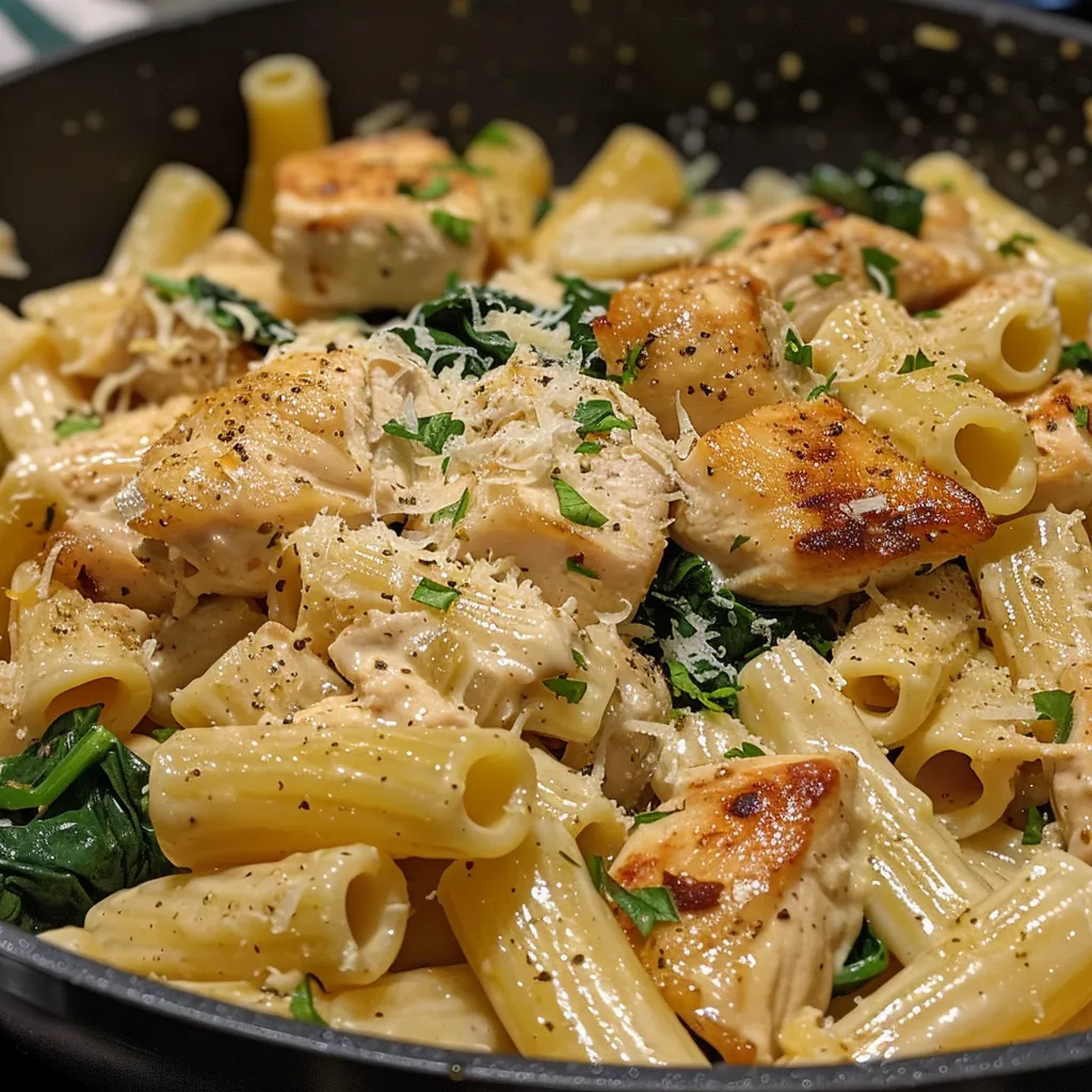 Close-up of one-pot pasta dish featuring chicken cubes, garlic, and a creamy lemon sauce.